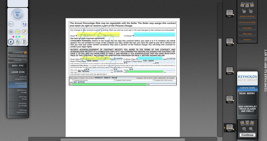 Forms signing screen on the docuPAD system.