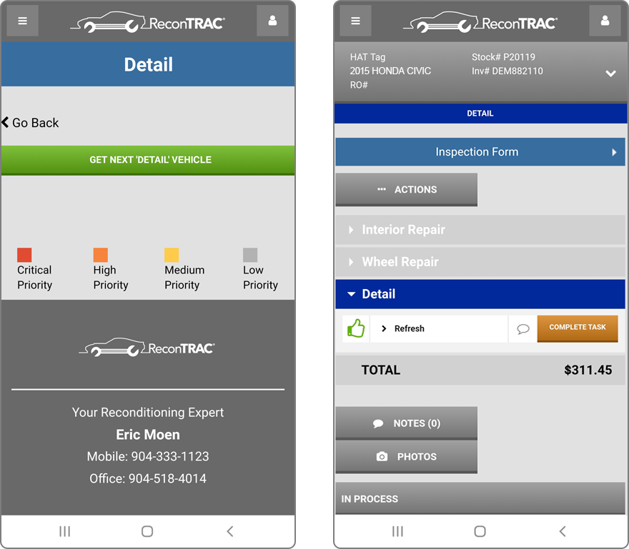 ReconTRAC mobile dashboard screen