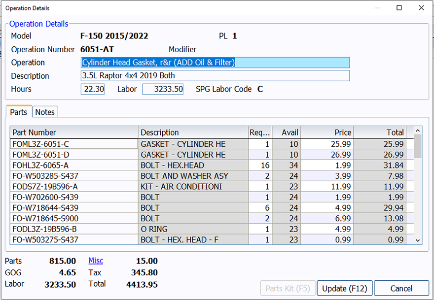 Parts pricing breakdown on screen